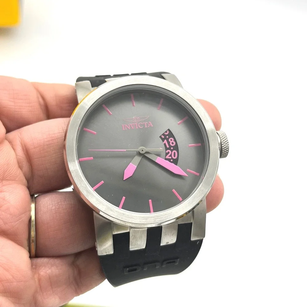 Invicta DNA Urban‎ 10408 Mens Watch Grey Dial Pink Accents Black Silicone Strap